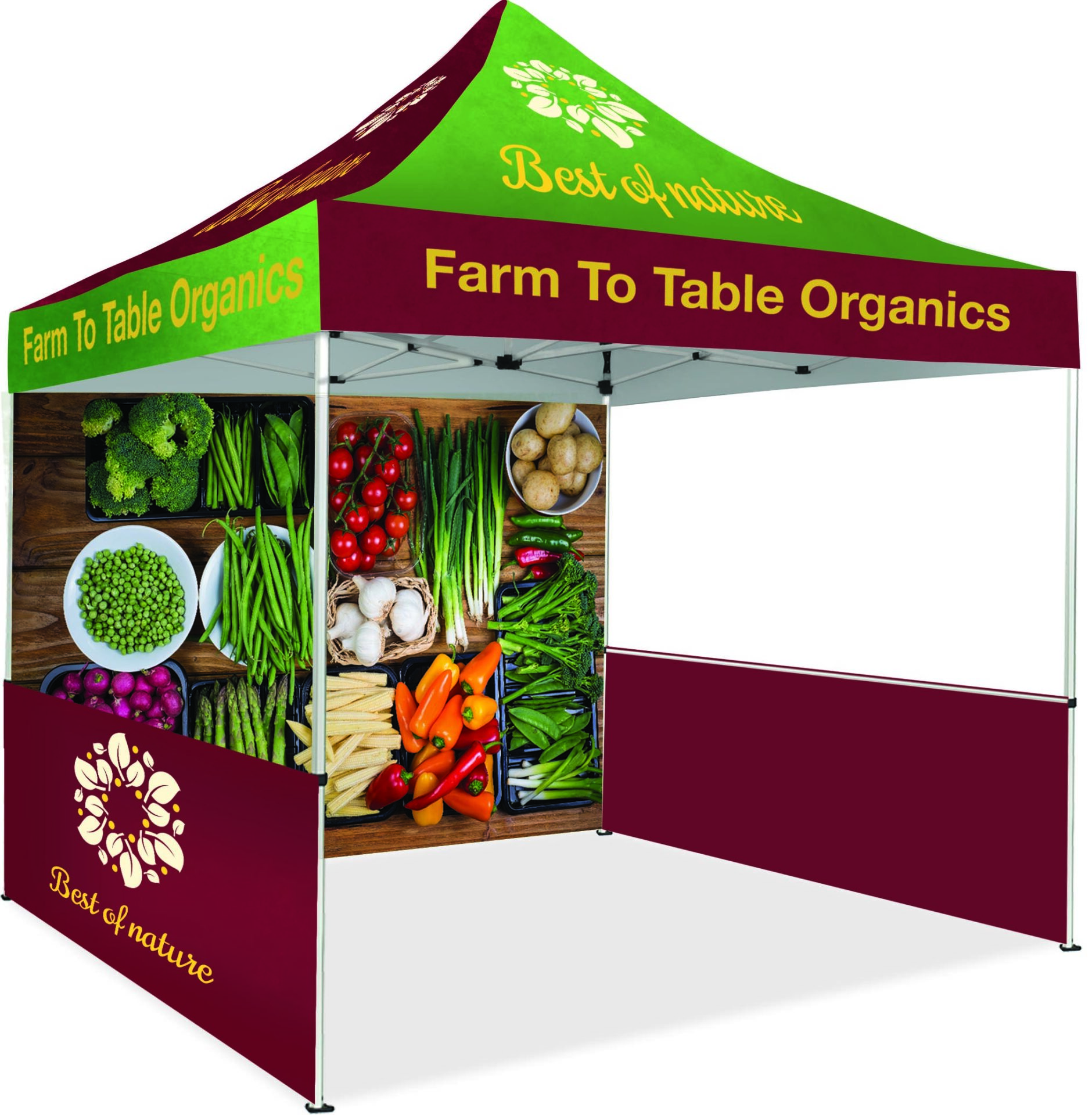 A canopy tent with the branding "Best of Nature" and "Farm To Table Organics." The tent features vibrant images of fresh vegetables including tomatoes, carrots, peppers, onions, and leafy greens. The canopy is green and maroon with decorative text and logos.